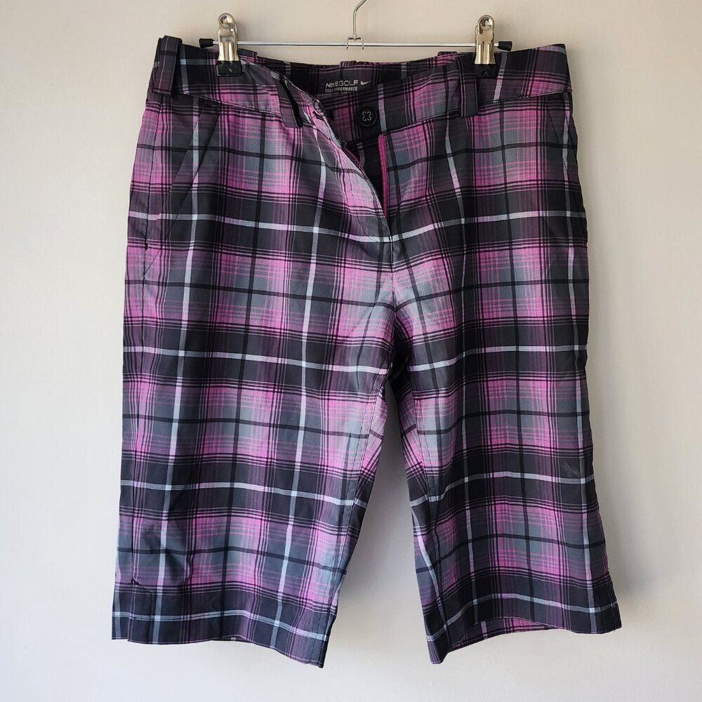 Nike Golf Dri Fit Bermuda Shorts | Size 8 Med | Purple Pink Black Plaid Fitted